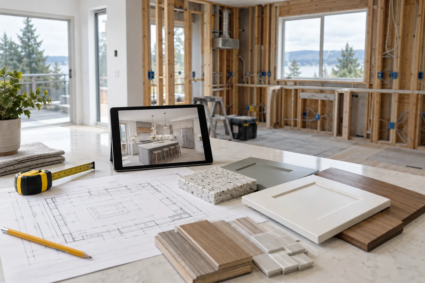 Kitchen remodeling plans and cabinet samples in front of a tidy renovation site