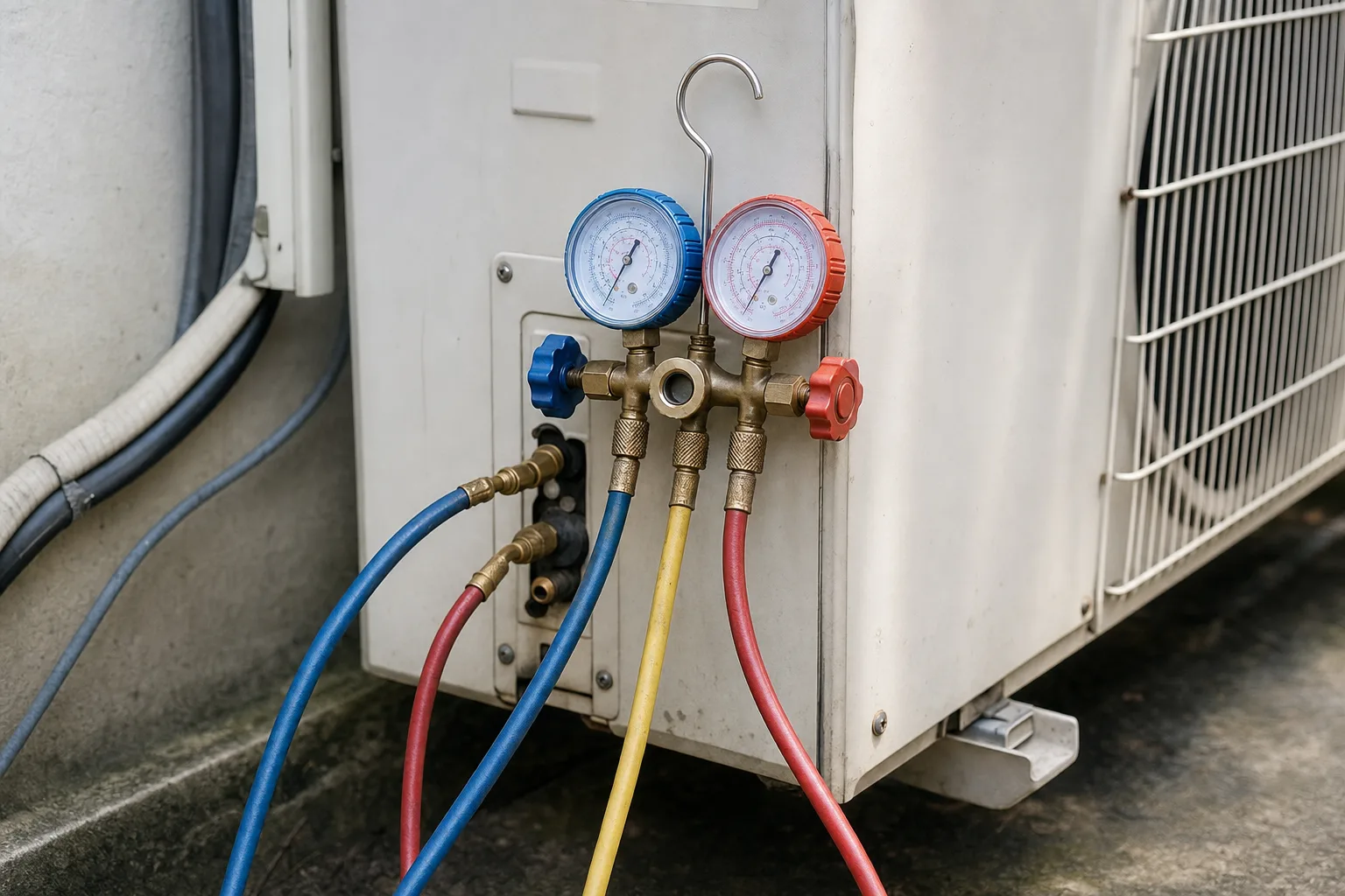Manifold gauges connected to AC refrigerant service ports