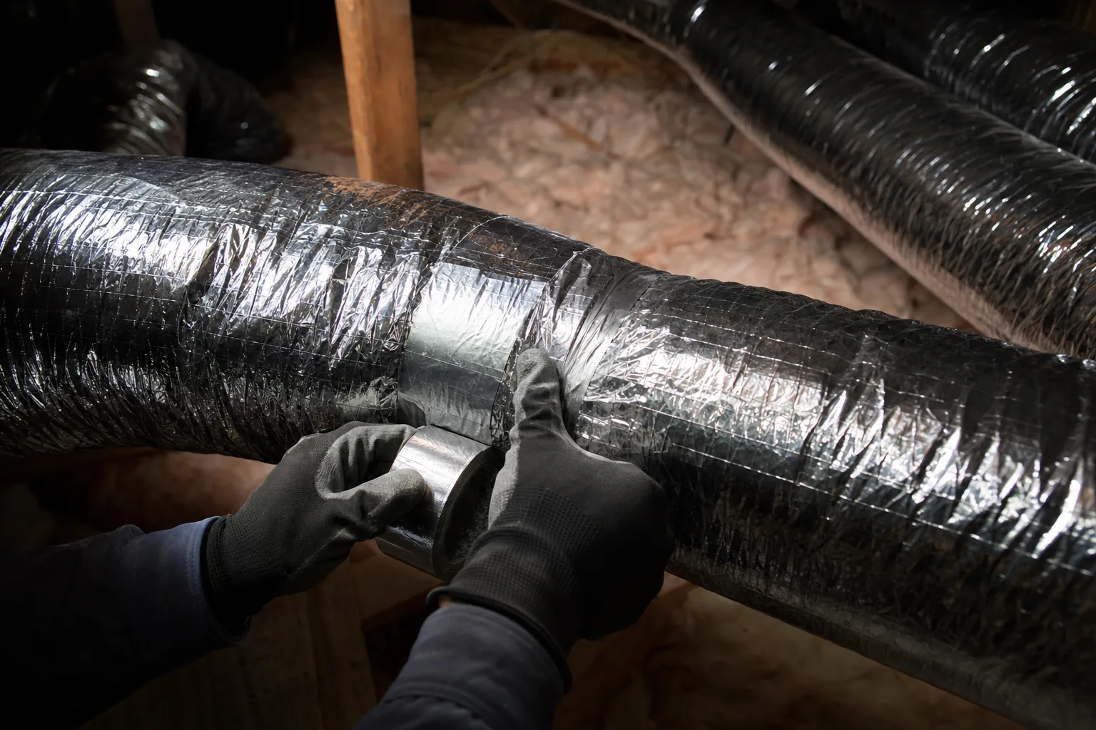 Flexible ductwork being sealed in an attic crawlspace