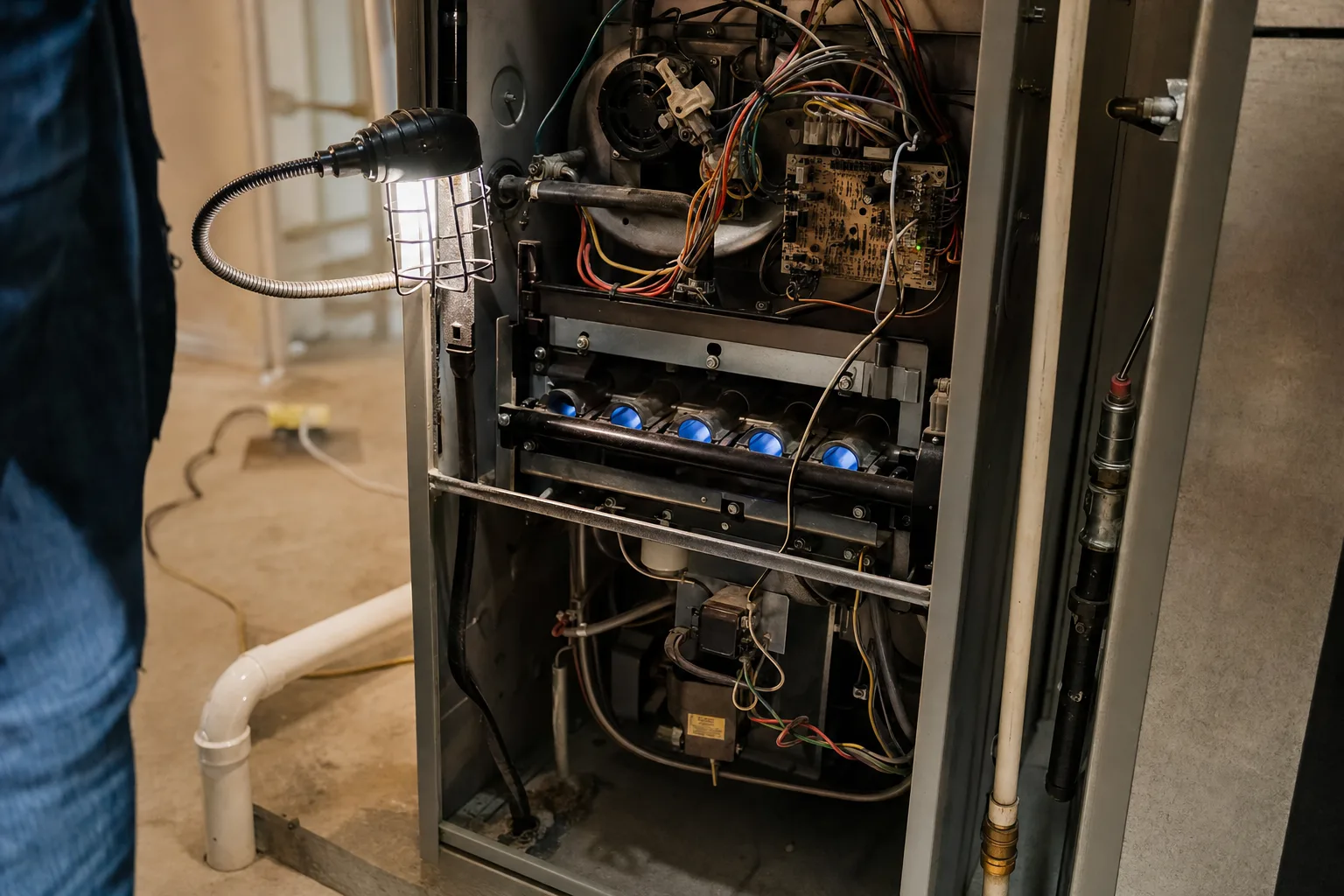 Gas furnace with cover removed during a diagnostic
