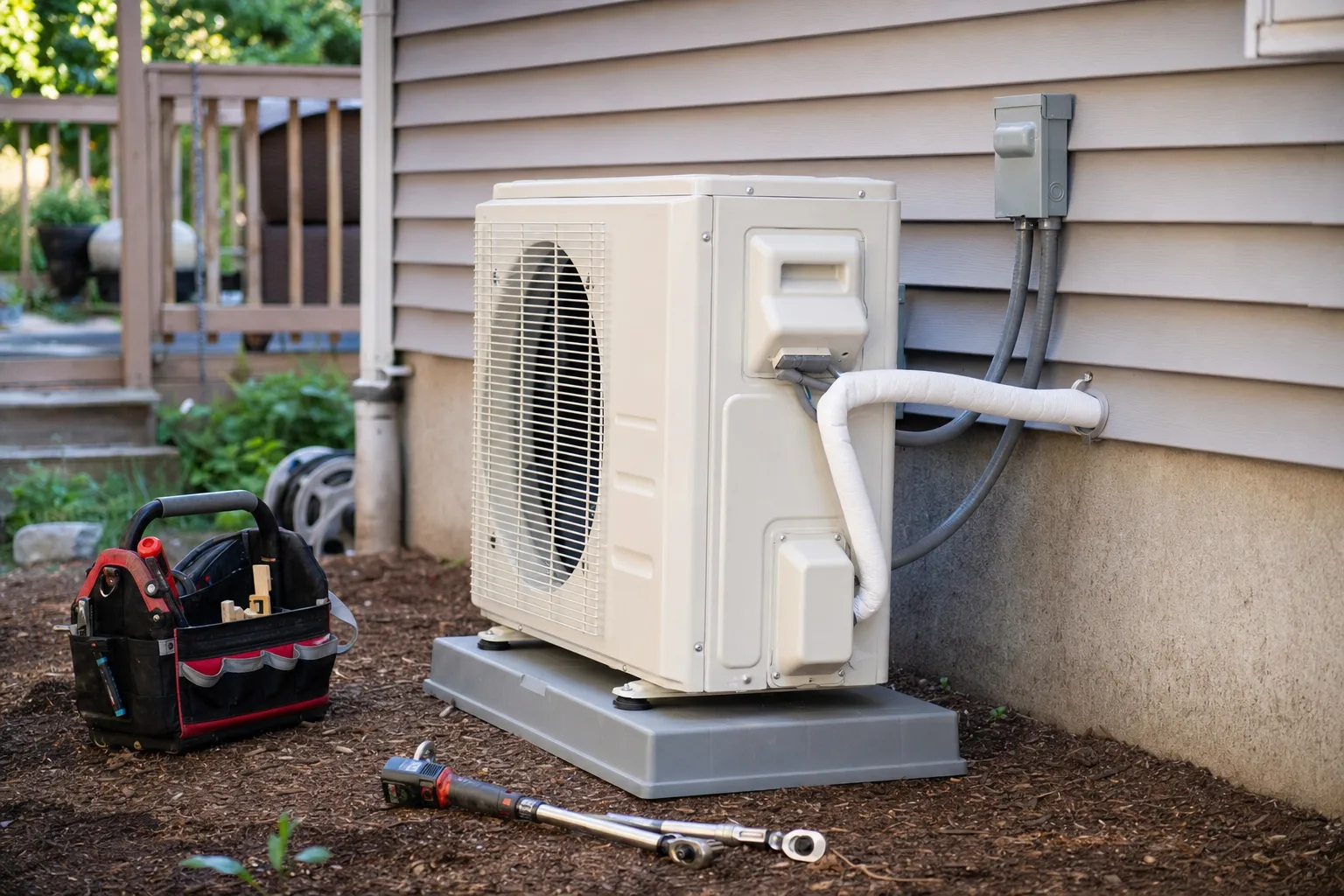 Outdoor heat pump unit freshly set on a pad beside a house