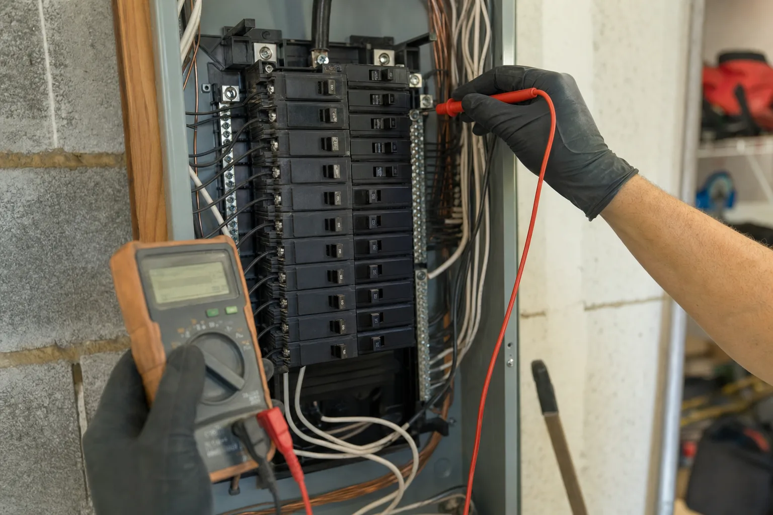 Multimeter test at an open residential breaker panel