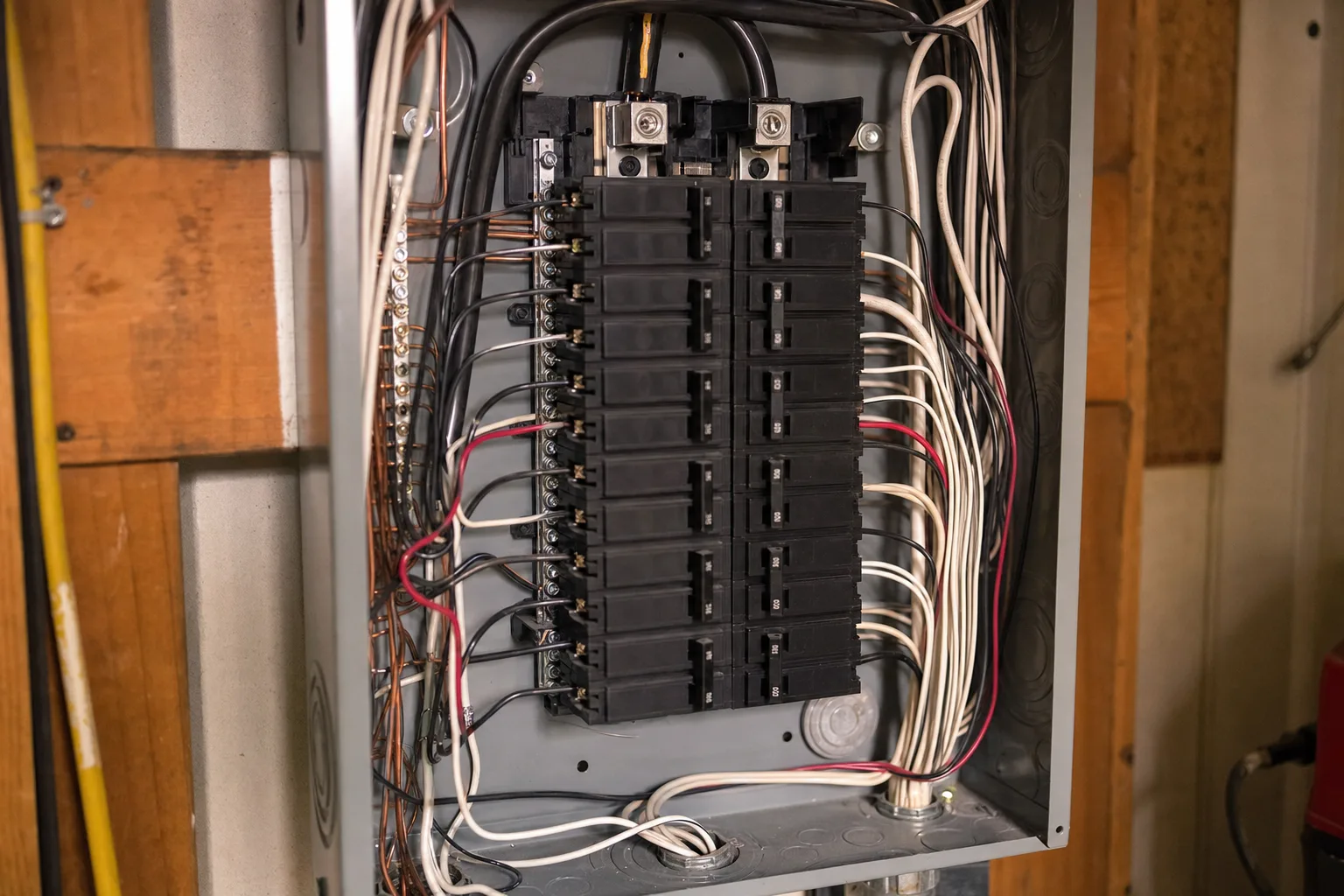 Neatly dressed wiring in an open electrical panel mid-service