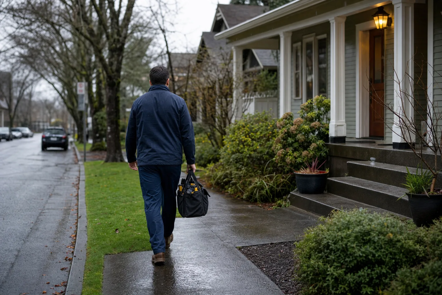 Technician carrying a tool bag toward a craftsman house porch