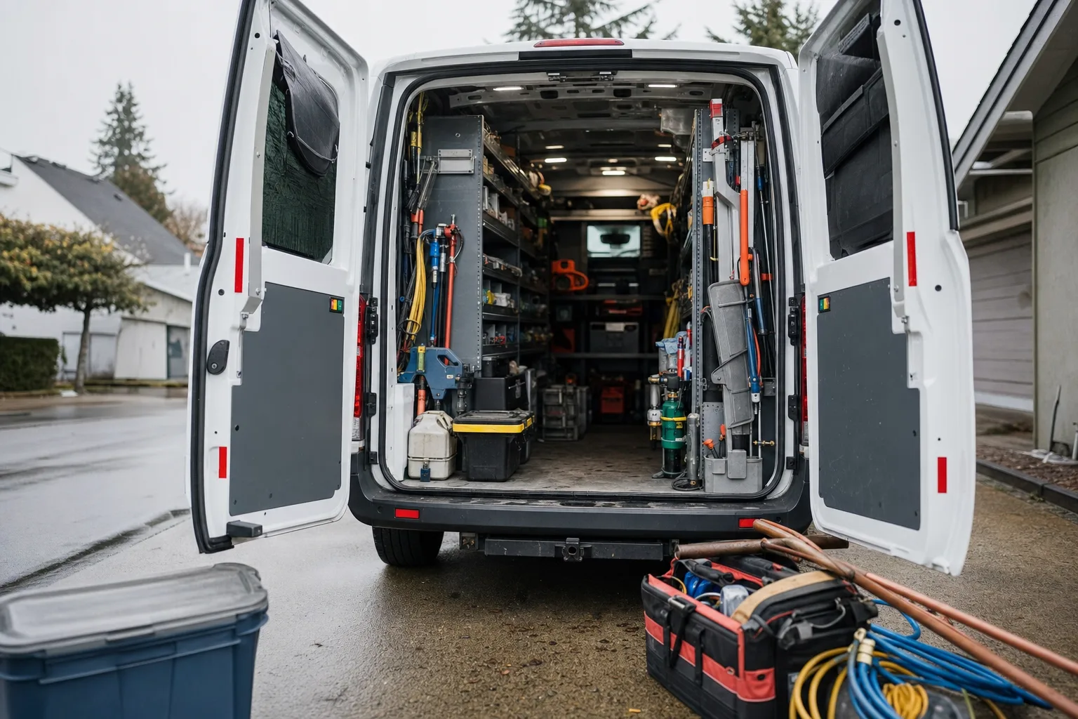 Service van with organized HVAC and electrical tool shelving