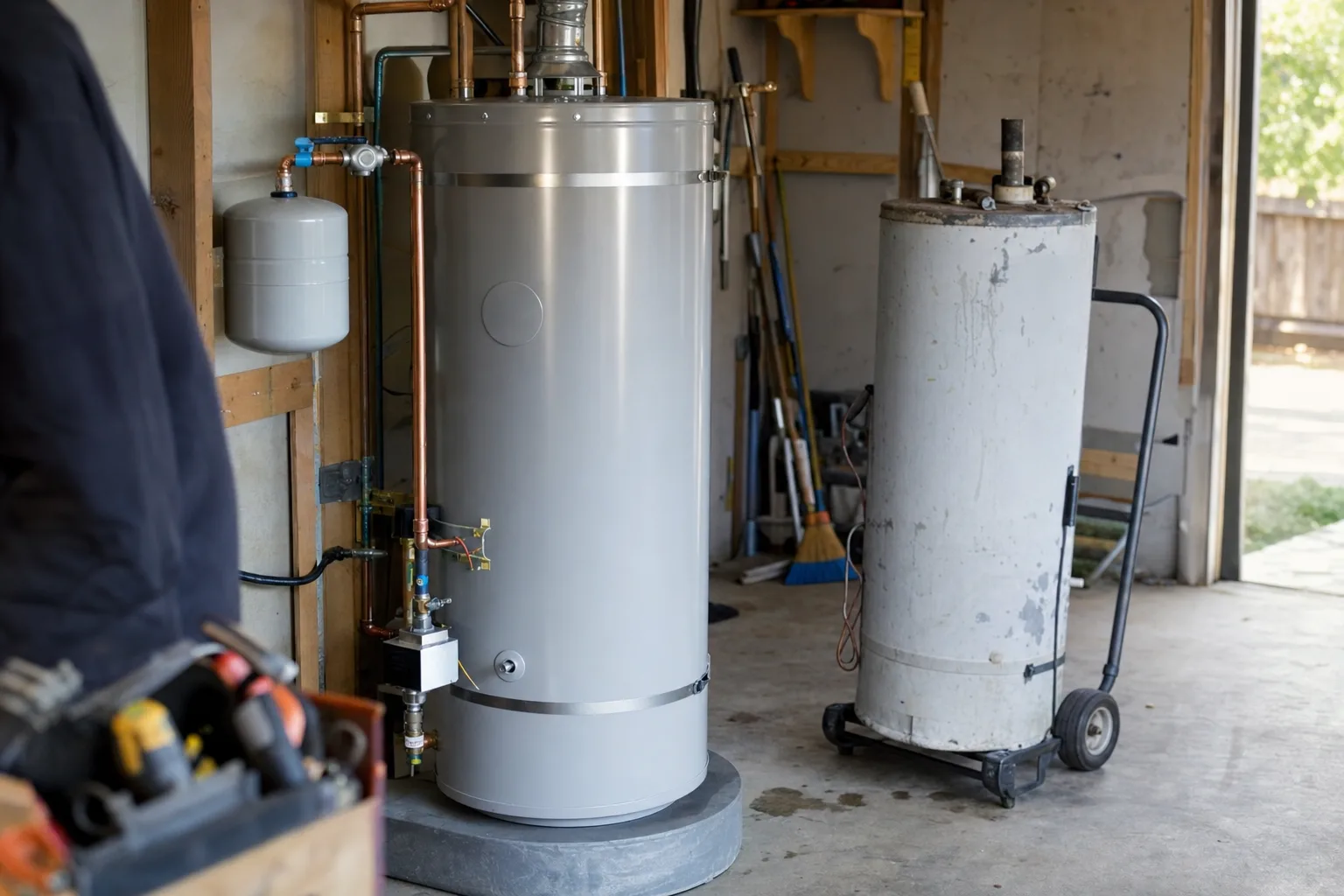 New tank water heater with clean copper connections